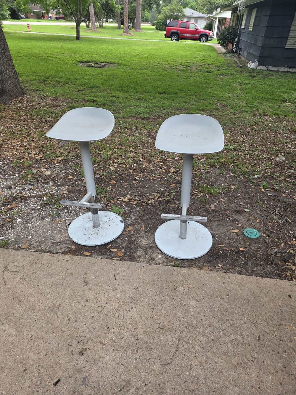 Pair of Modern Light Grey Metal Bar Stools